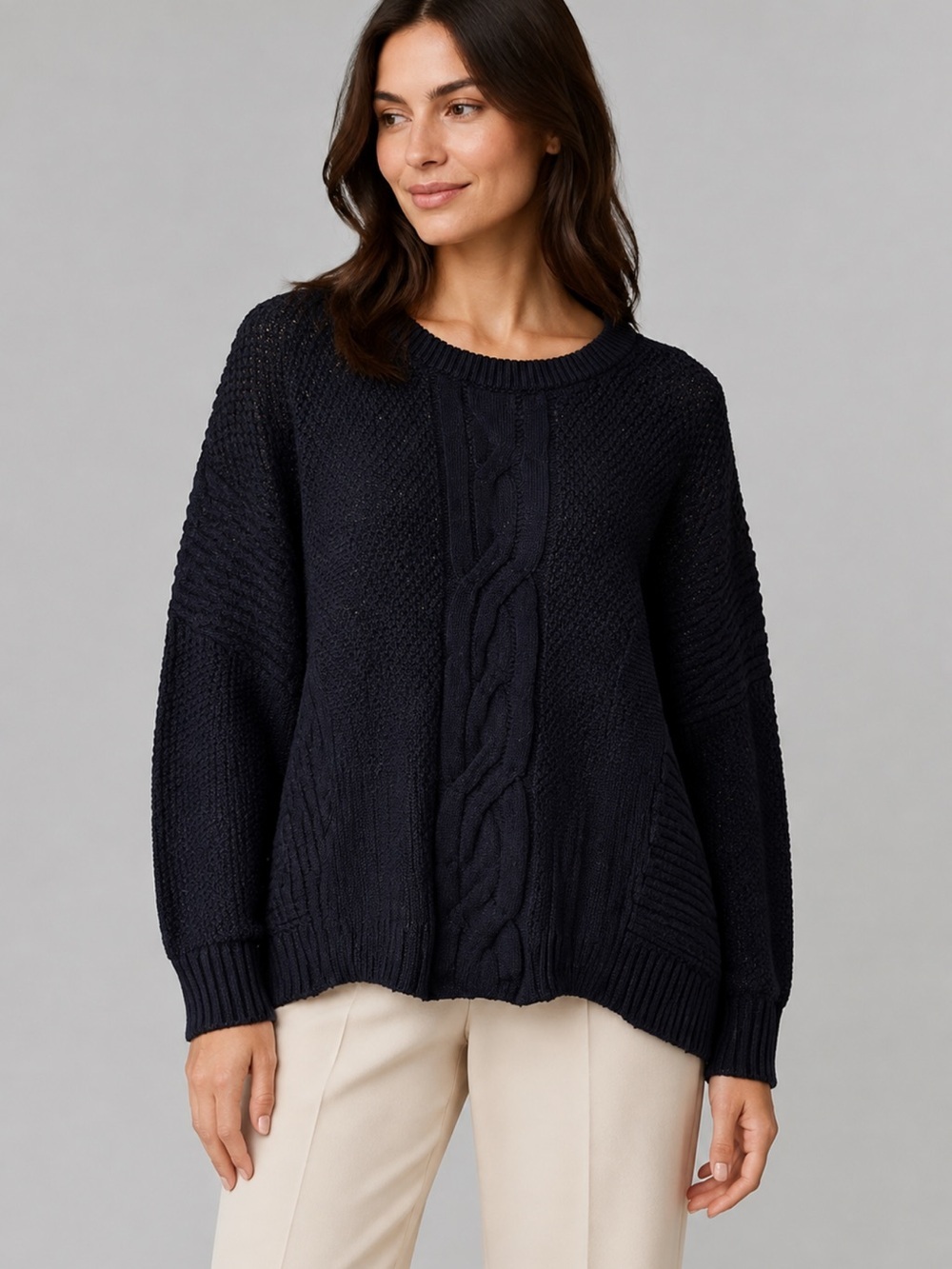 Tommy Hilfiger Dark Navy Cable-Front Crewneck Sweater